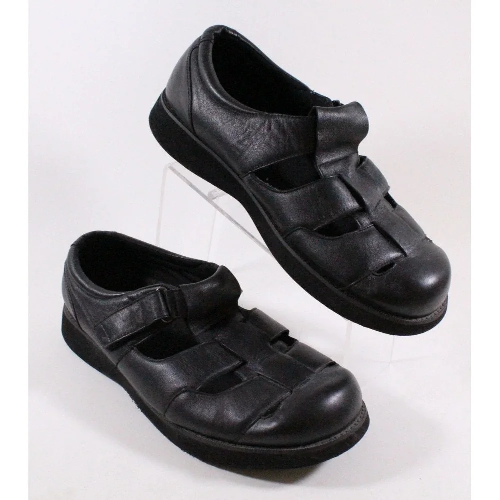 Propet Mens 13 XX (5E) Black Leather Fisherman Sandals Orthopedic Shoes MPED9‎